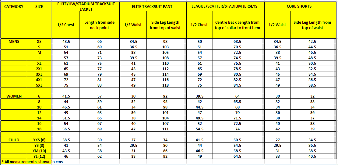 Spartans SIZING CHART