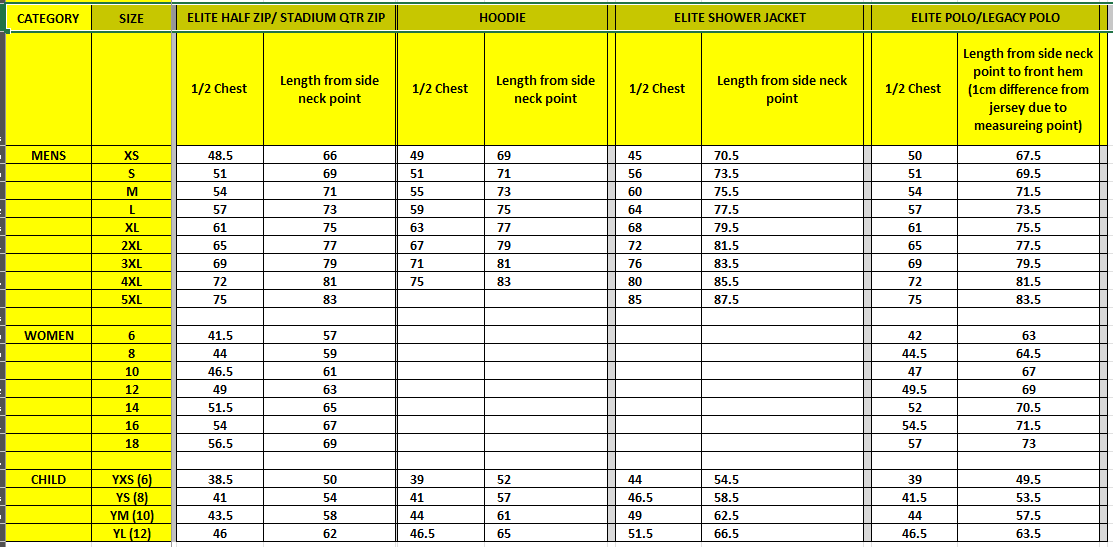 BDSFA SIZING CHART