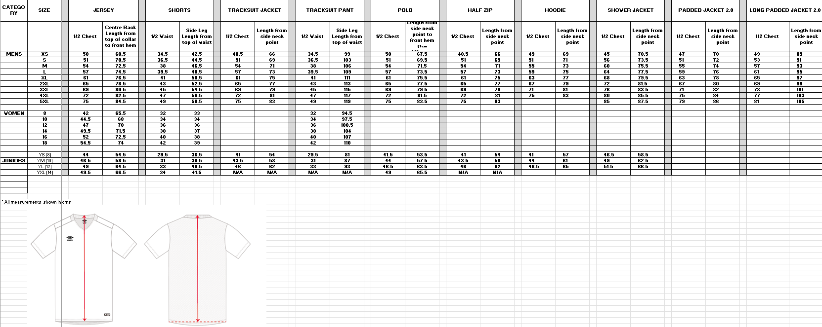 SIZING CHART – Umbro Teamwear