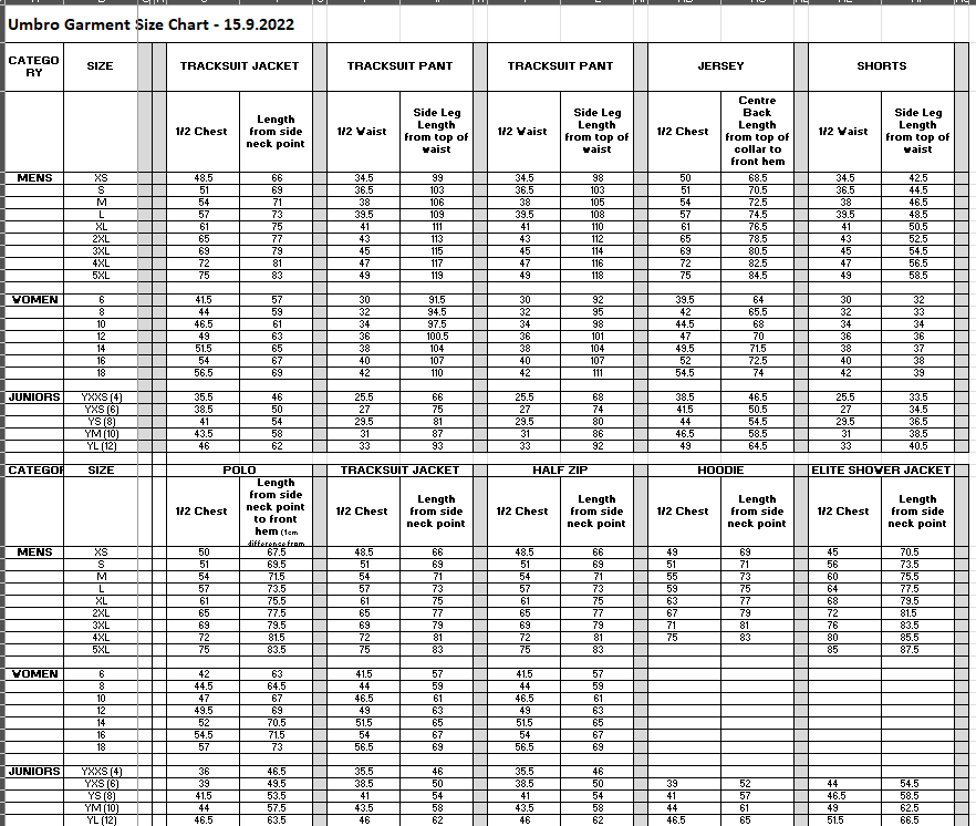 UMBRO SIZING